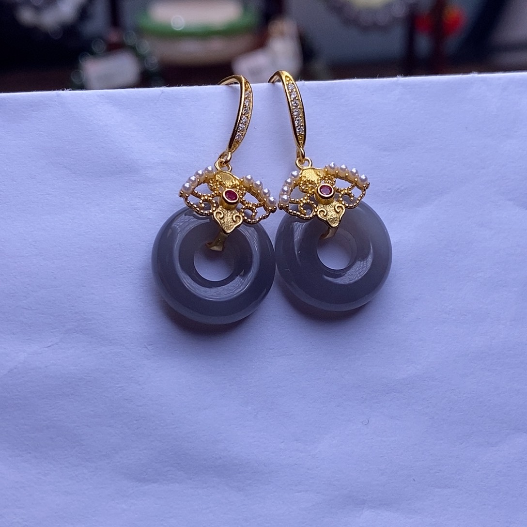 和田玉未镶嵌烟紫老矿料高冰浓紫甜甜圈耳环