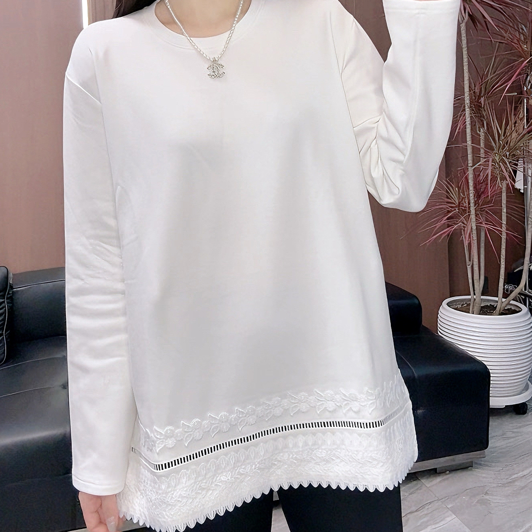 白色蕾丝花边长袖T恤女中长款休闲内搭打底加绒上衣气质打底衫潮