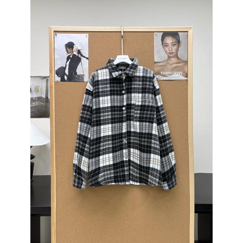 小雅姐姐 慵懒风宽松单排扣格子休闲加绒衬衣外套KG55