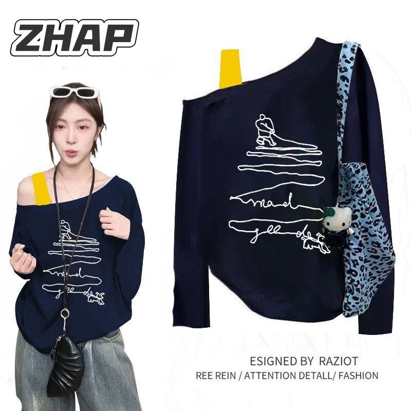 【ZHAP】斜领肩带长袖T恤女秋季线条印花百搭爆款轻奢穿搭显瘦上衣