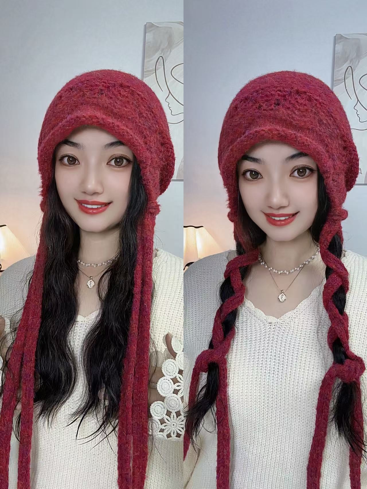 2025秋冬天新款炫彩拉绒时尚保暖百变造型流苏辫子针织堆堆帽