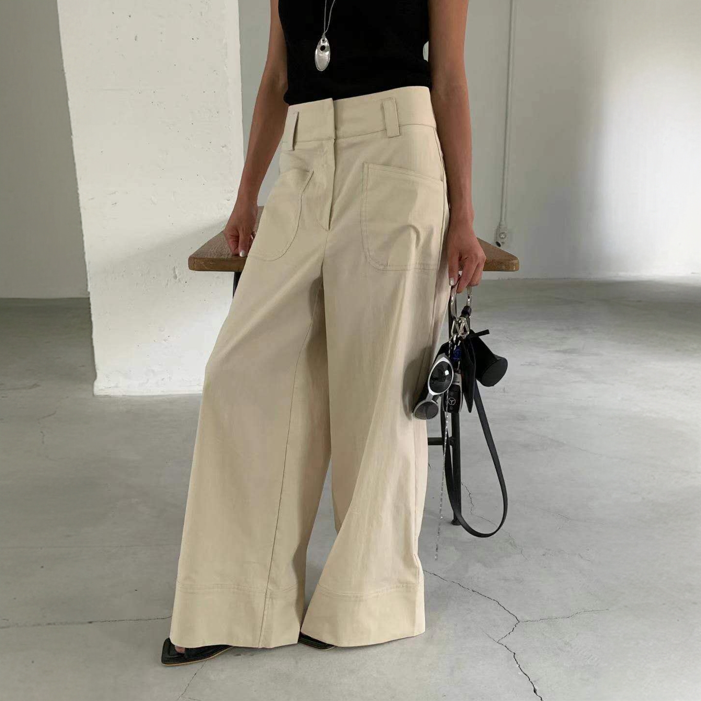 阔腿裤NO退换O-4-G11百搭牛仔夏季透气休闲裤时尚拼接高腰