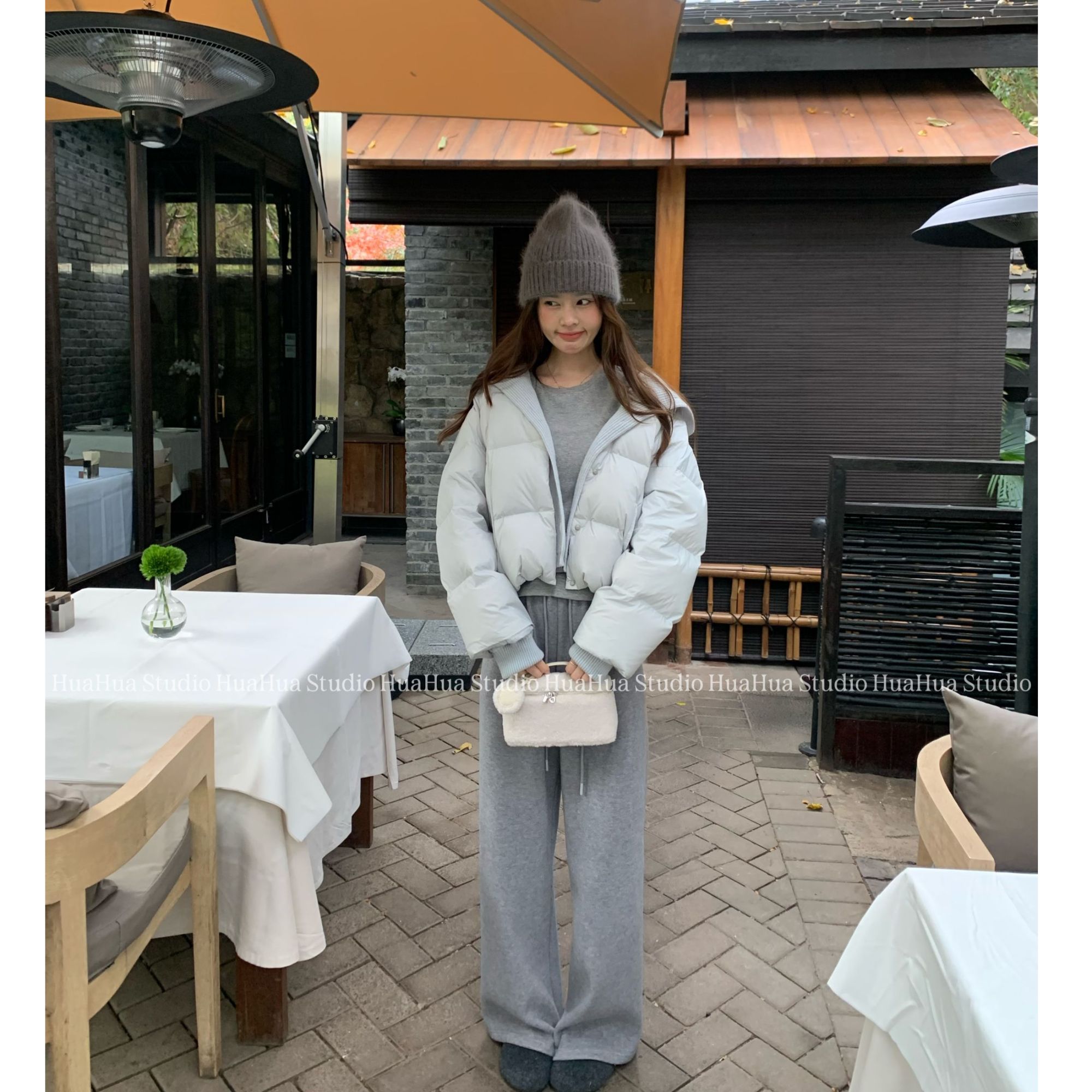 【花花】蓝莓泡芙~韩系针织连帽假两件短款冬季百搭时尚90羽绒服