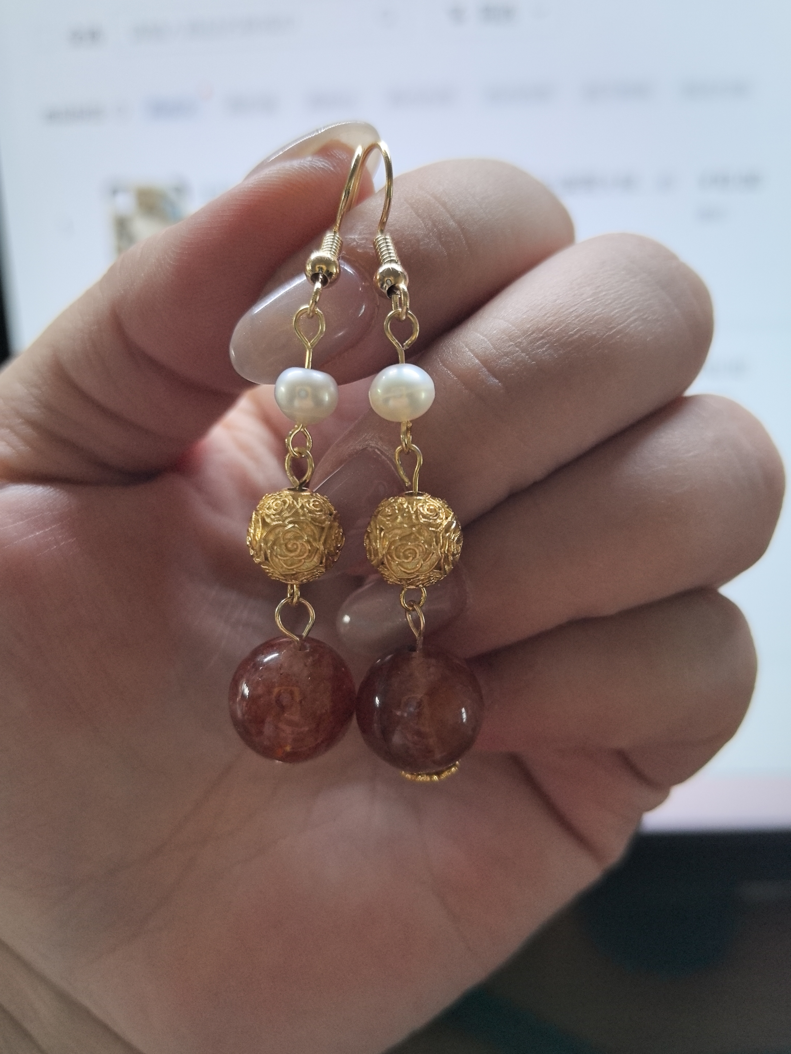 红胶花水晶手工新年耳环富贵荣华