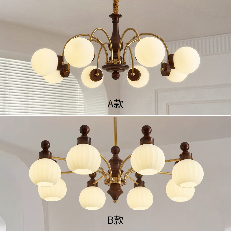 美式中古风客厅灯轻奢创意卧室灯餐厅复古侘寂风吊灯实木黄铜灯具
