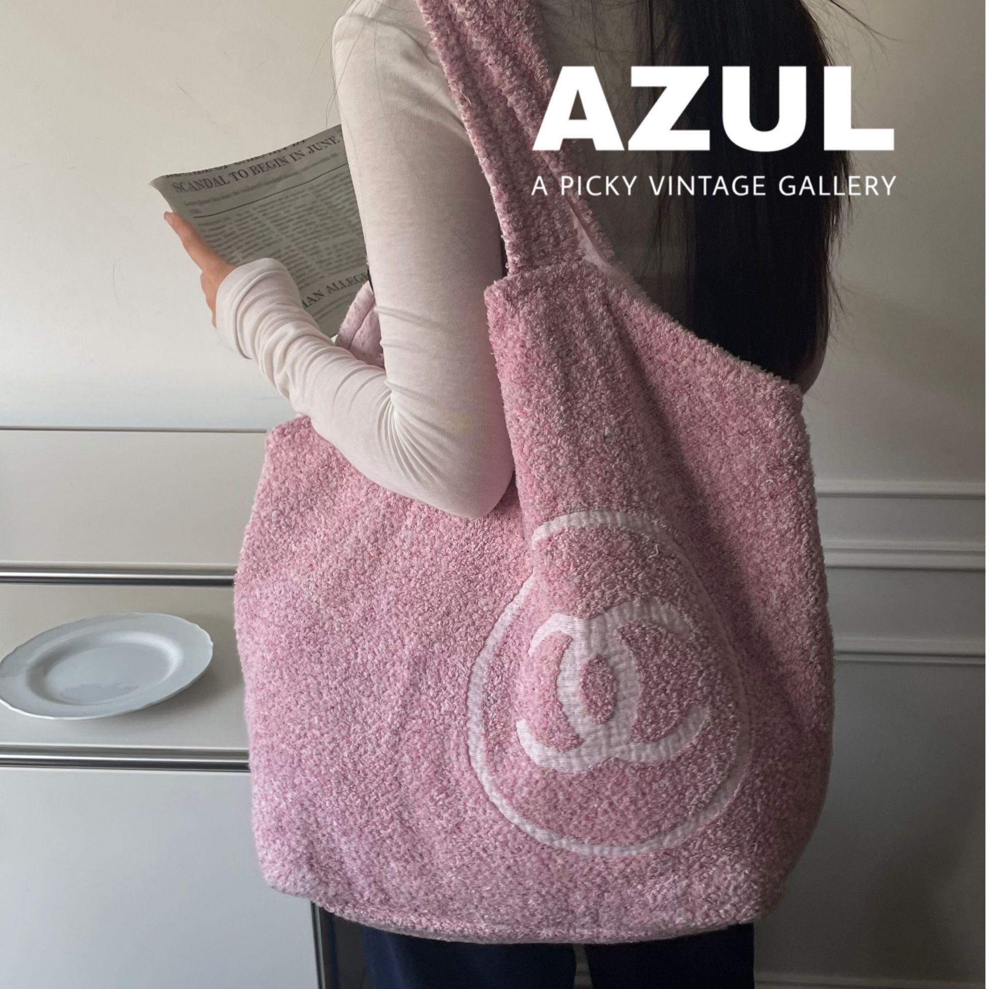 99新 Chanel/香奈儿 Azul-19V粉色毛巾布沙滩托特包/41496