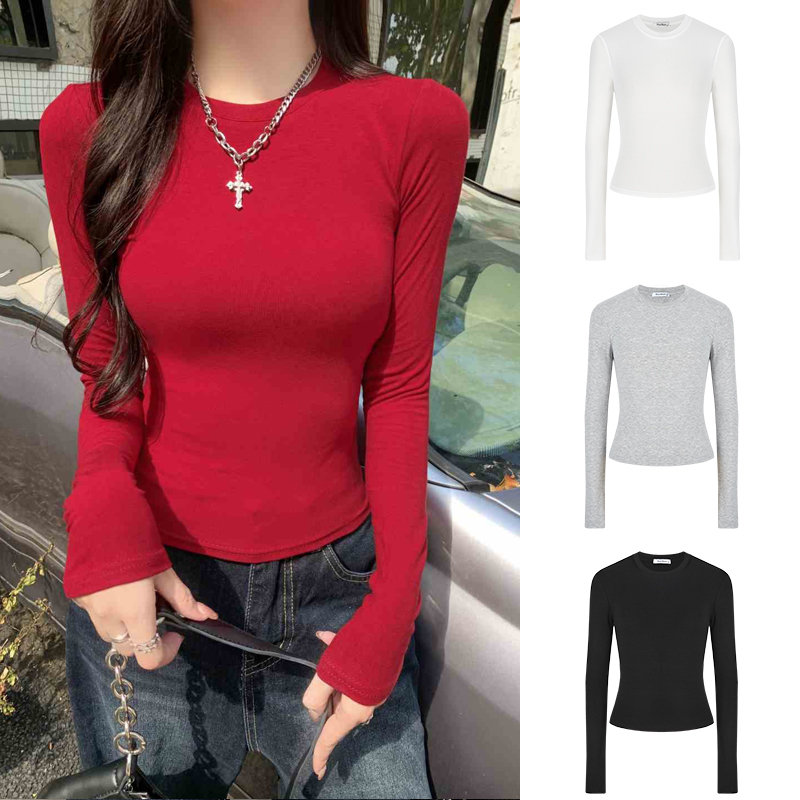 Moses Queen/魔西女王正肩掐腰长袖T恤秋冬上衣女显瘦基础款打底