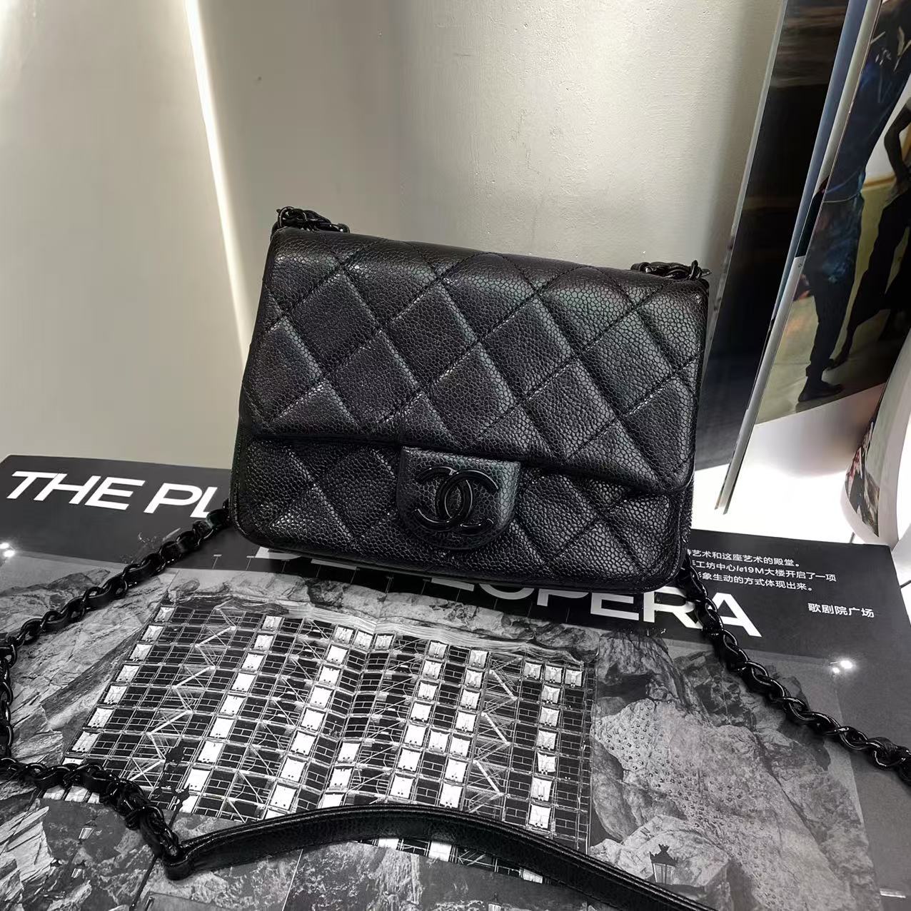 99新 Chanel/香奈儿 30开so black荔枝牛皮方胖子斜挎包