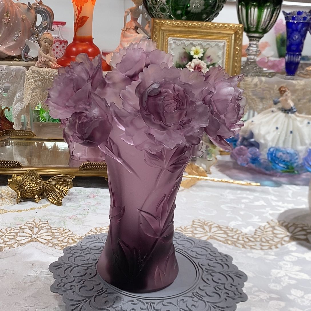 摆件QAA291脱蜡水晶牡丹花瓶