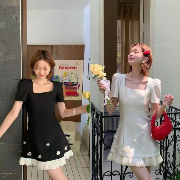 （清清专场）轻奢气质方领立体花朵收腰显瘦荷叶边小礼服撞色连衣裙