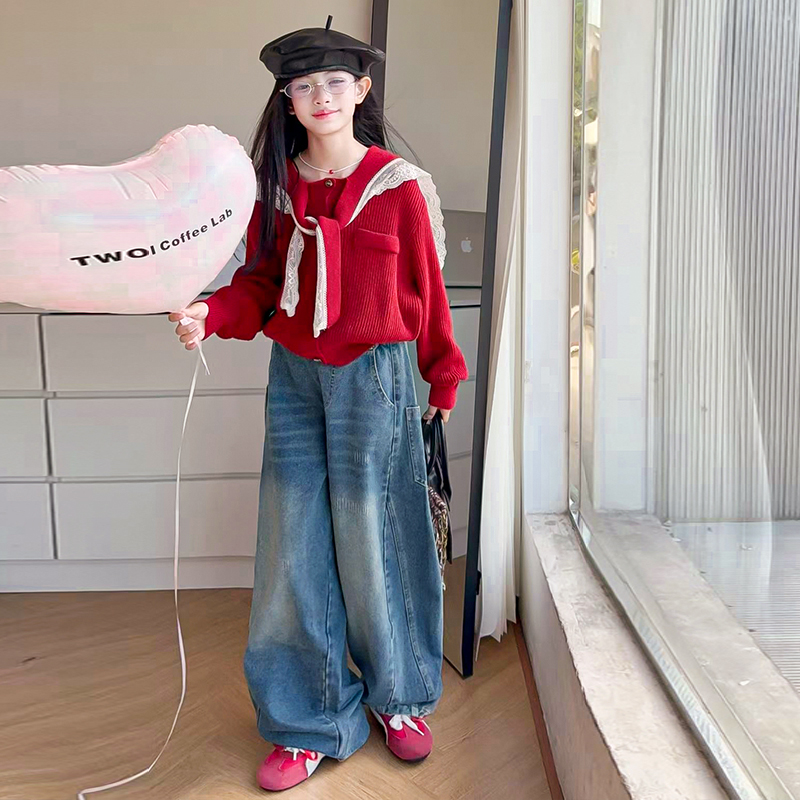 毛衣花边披肩套装上衣时尚针织宽松阔腿牛仔儿童春秋女童洋气韩版