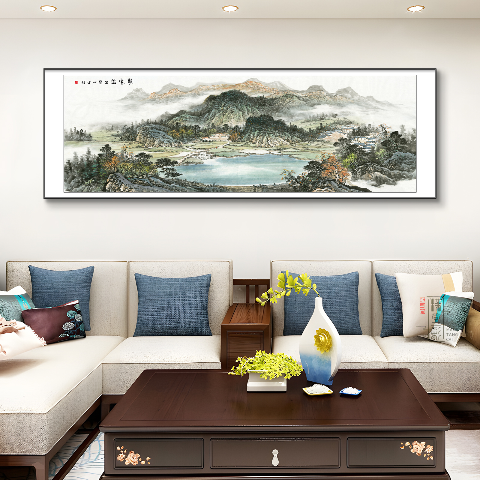 聚宝盆山水风景客厅装饰画聚财纳福沙发背景墙挂画大气办公室挂画