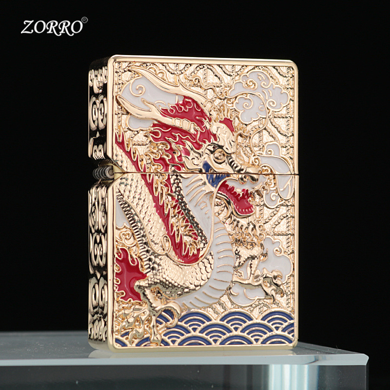 ZORRO创意浮雕重盔甲煤油打火机防风双面威龙珐琅彩男士礼品新中