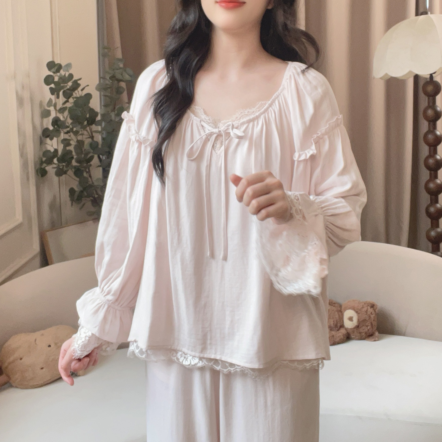 【6068粉色】秋季甜美长袖棉纱可外穿公主家居服睡衣宽松睡衣套装