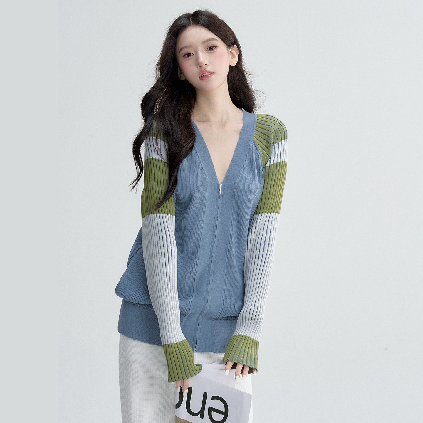 OIOI ESSE | 重磅拉链针织开衫新款复古高级感拼色秋冬外套女