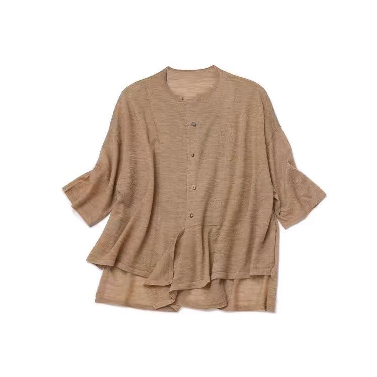 姿态如烟 80支精纺羊绒七分袖开衫 轻麻质感宽松不对称设计