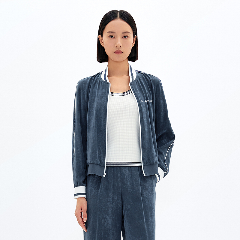 XII BASKET十二篮25春新款仿缎感棒球领运动外套女7C35110080