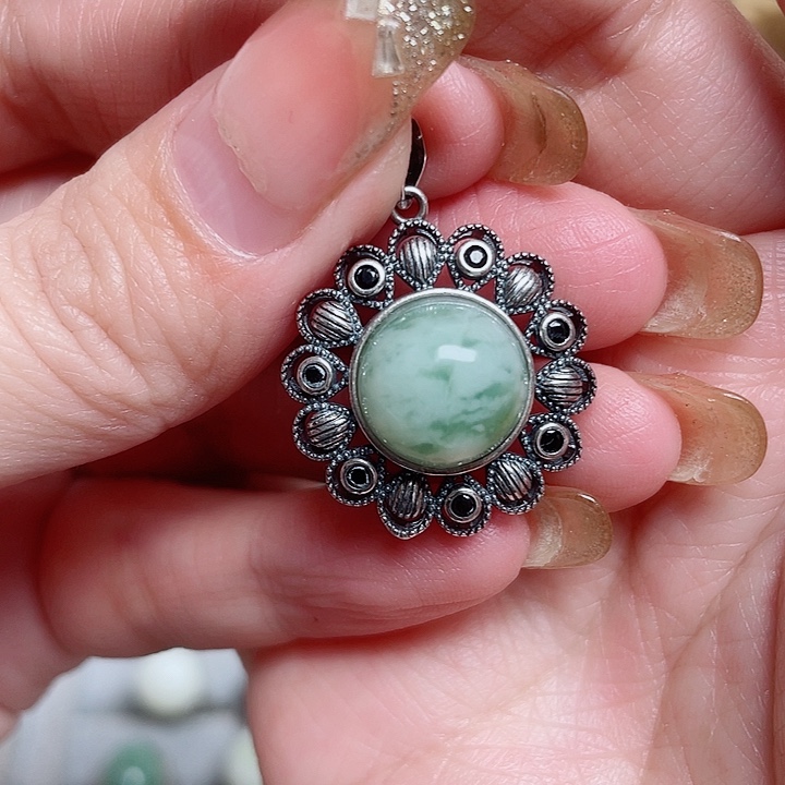 透闪石-蛇纹石玉戒指银S925镶嵌