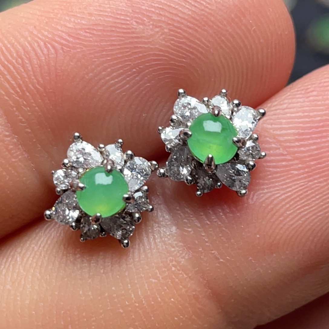 翡翠银S925镶嵌耳饰纯天然缅甸翡翠A货