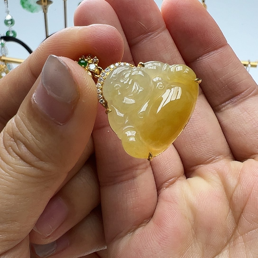 用***1翡翠18K金镶嵌颈饰天然缅甸A货翡翠