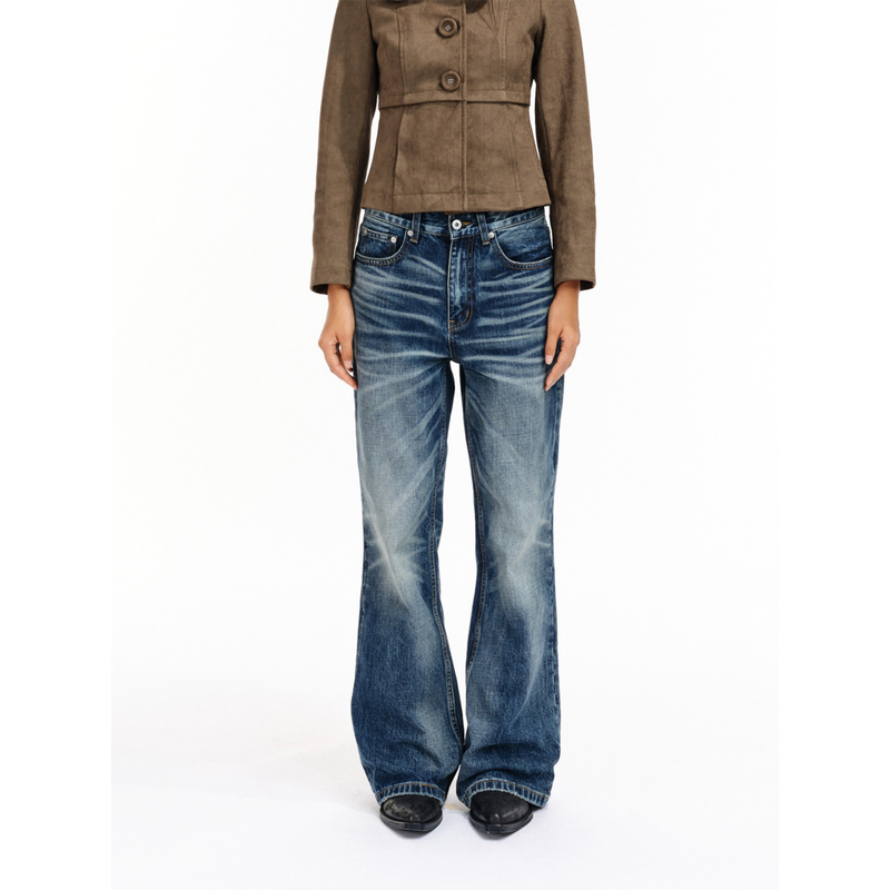 Two little guys*2000s复古深蓝水洗做旧低腰微喇版型牛仔裤