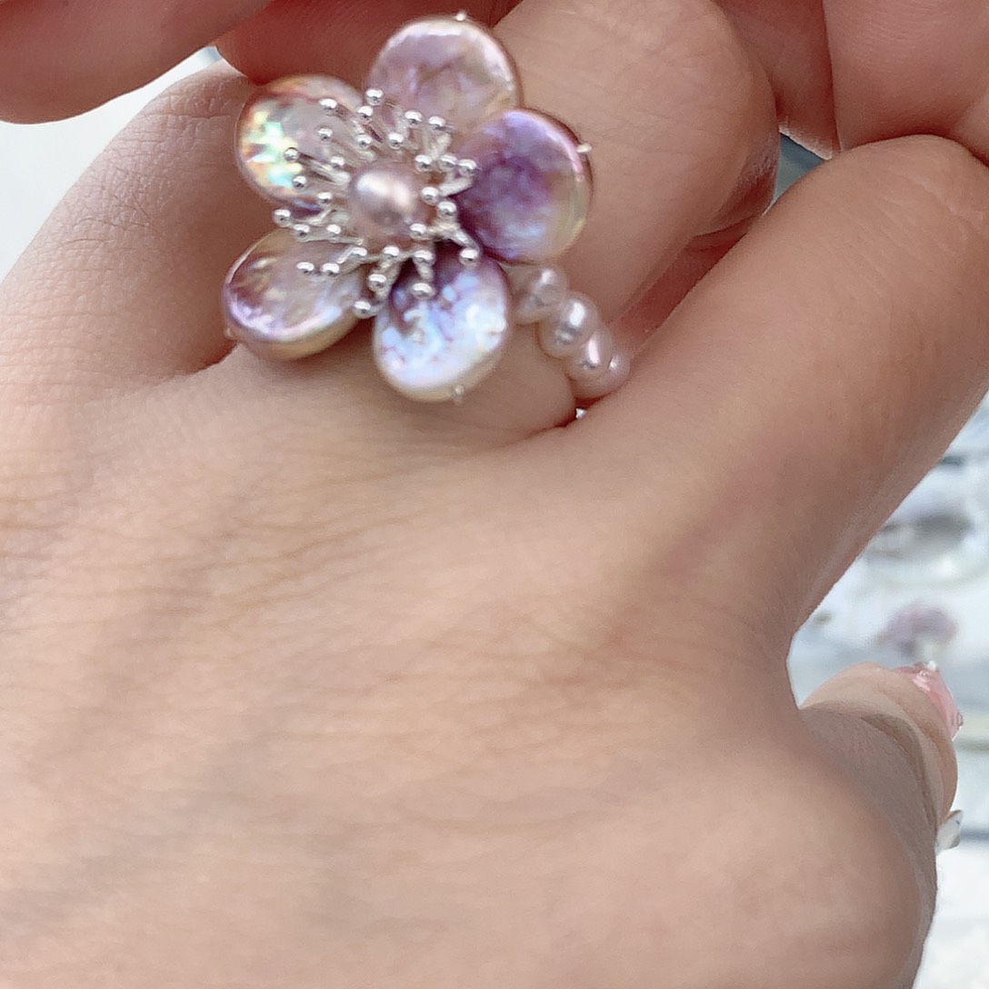 银S925镶嵌耳饰淡水珍珠紫花戒指