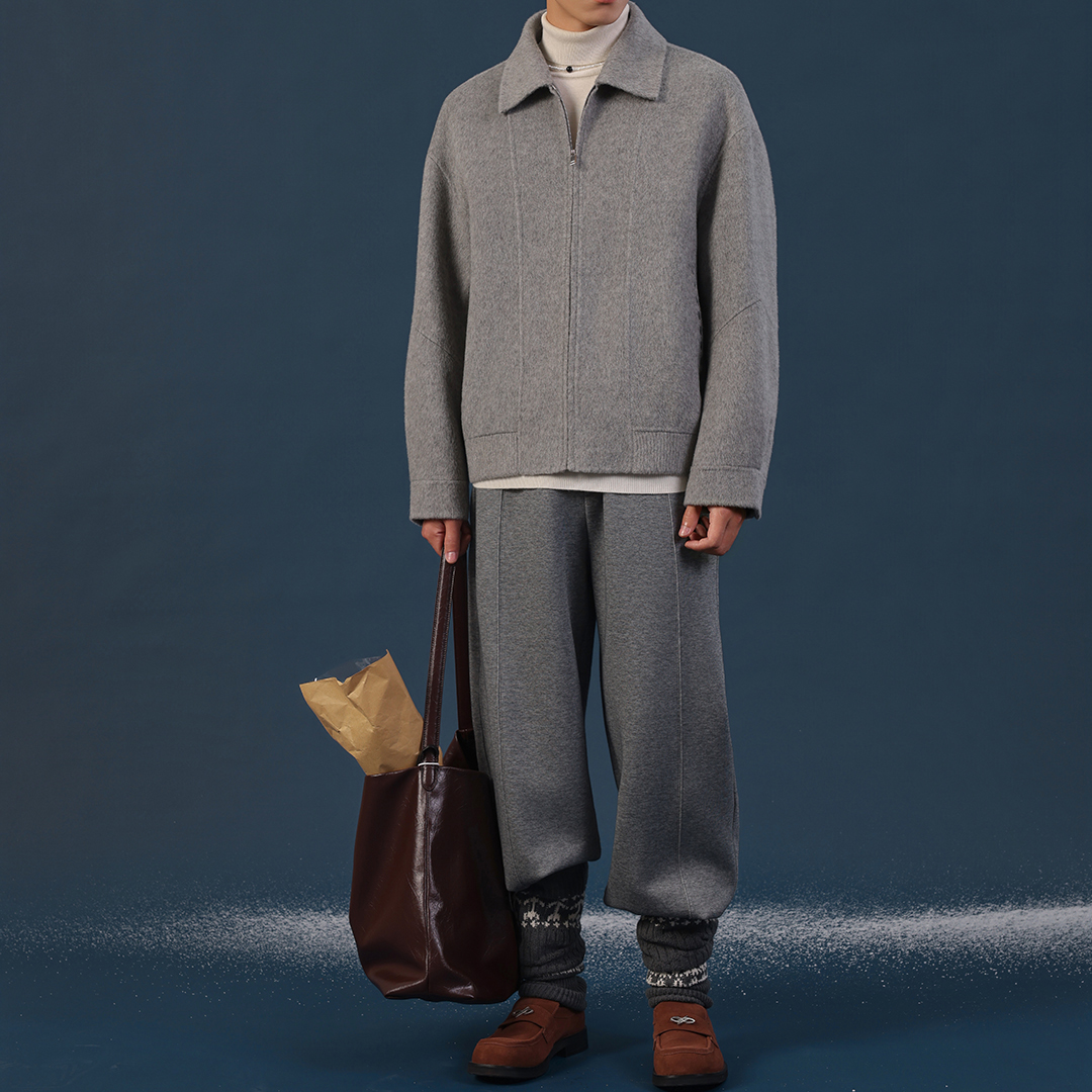 P.B.Succeed男士手工双面呢100%纯羊毛短款翻领夹克外套