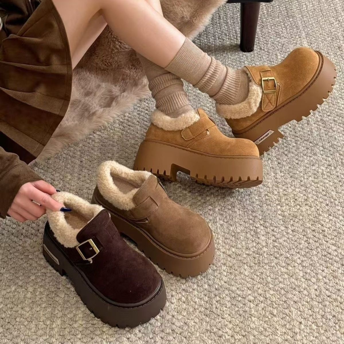 XK冬季新款加绒保暖大棉鞋时尚流行复古风圆头厚底增高勃肯鞋女