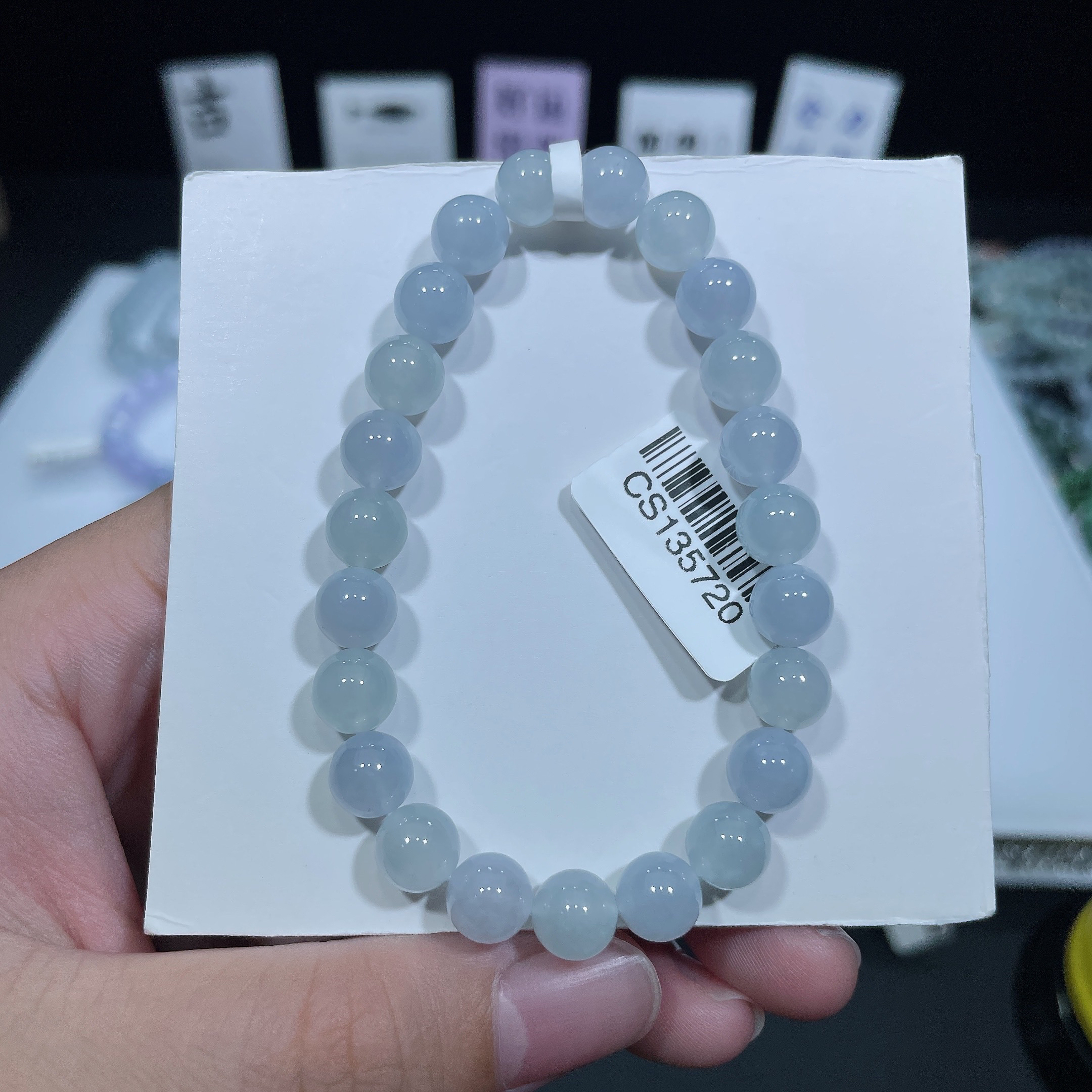 缅甸天然翡翠A货冰种粉紫双色马卡龙圆珠手串s卡8