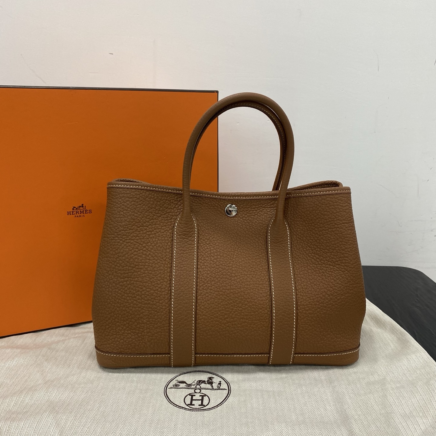 99新 Hermes/爱马仕 Garden paty金棕银扣花园30手提包 13214