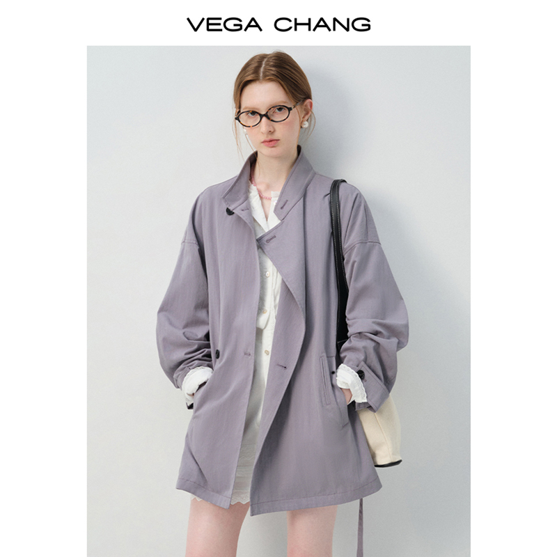 VEGA CHANG短外套女2025年秋新款简约立领纯色法式慵懒小个子风衣