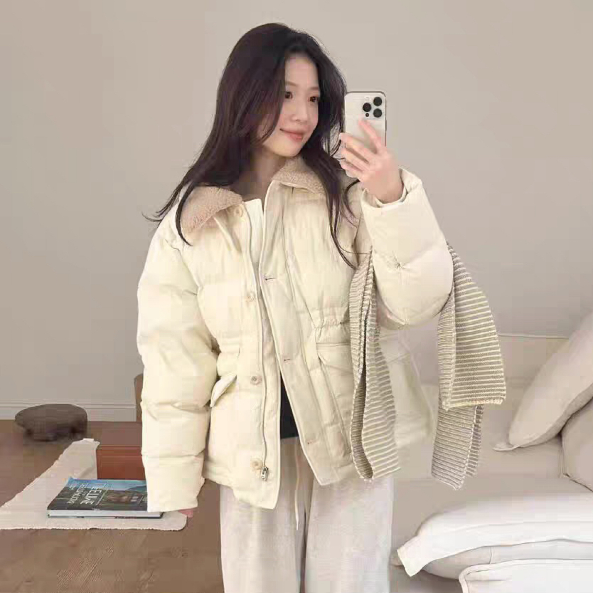 ERUME韩国东大门翻领毛领宽松防风羽绒服外套