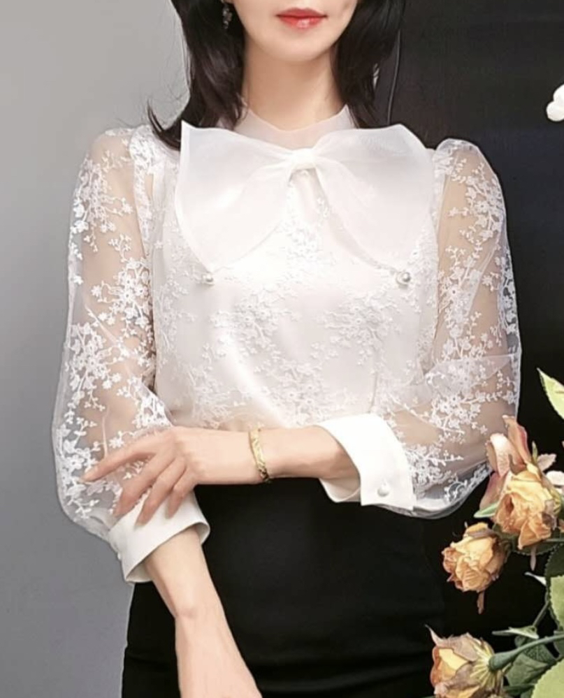 韩版蕾丝蝴蝶结雪纺衫气质衬衣