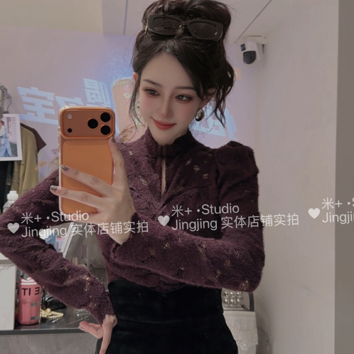 米+【富贵花】半高领氛围感蕾丝加绒好看褶皱显瘦上衣