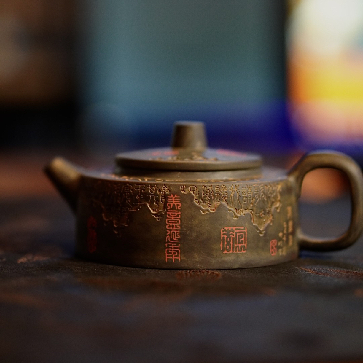 【陶点茶Yun】建水紫陶冯习阳周盘刻填雕刻手磨100cc球孔精品紫陶壶