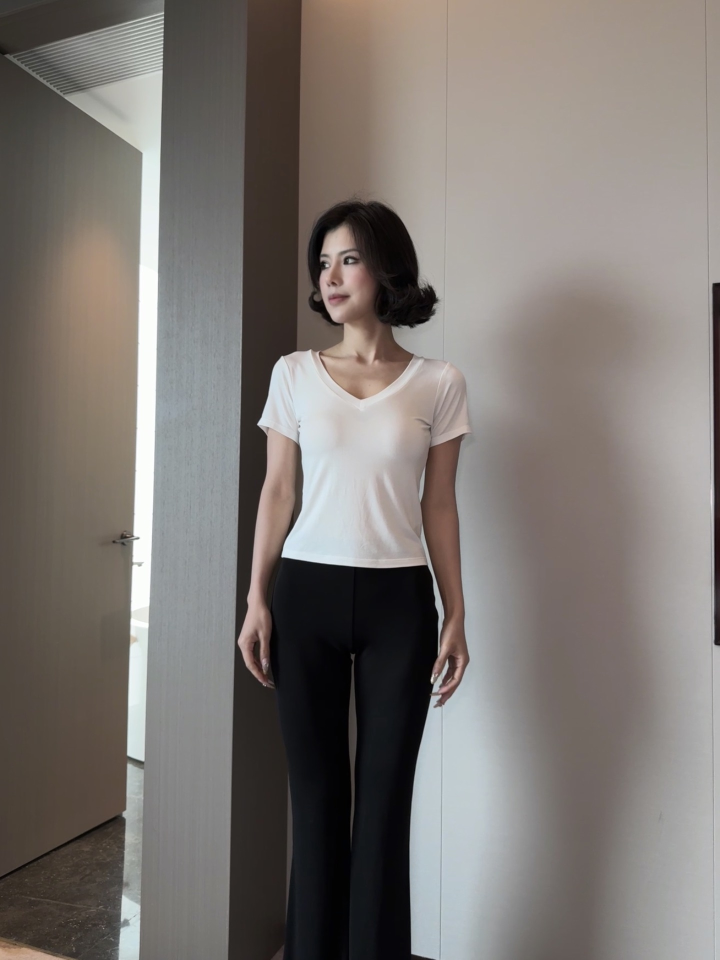 刘智媛/黑色修身九分长裤喇叭裤 高腰显瘦时尚百搭