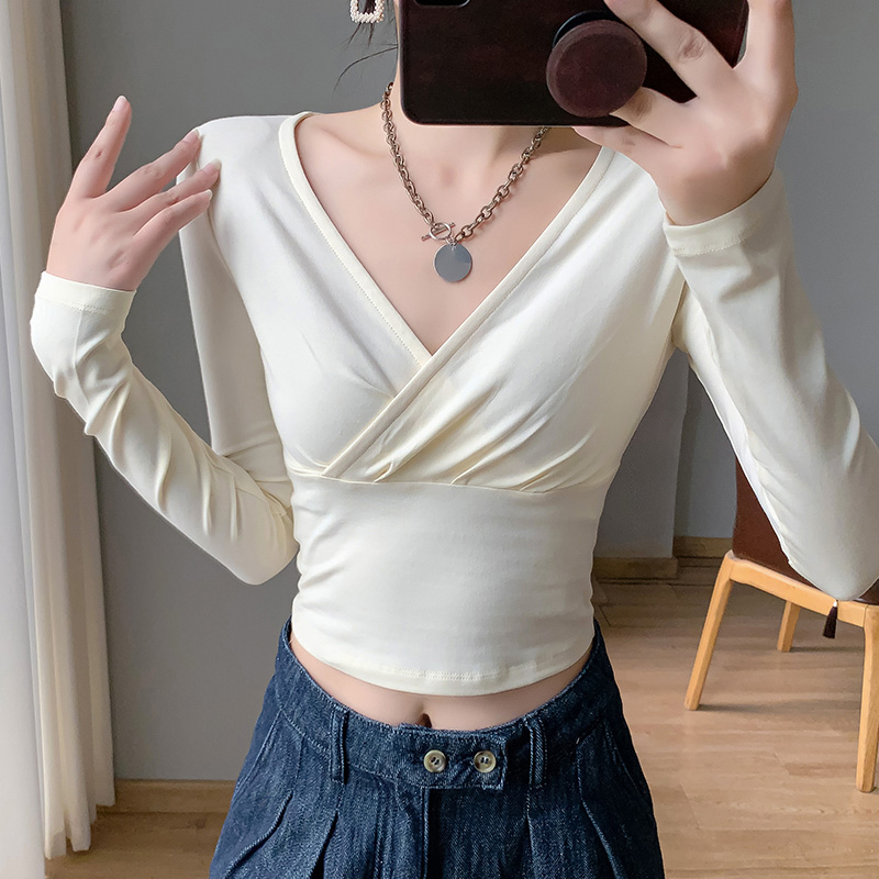 V领内搭T恤女秋冬季长袖2025新款露脐设计感小众百搭打底上衣244