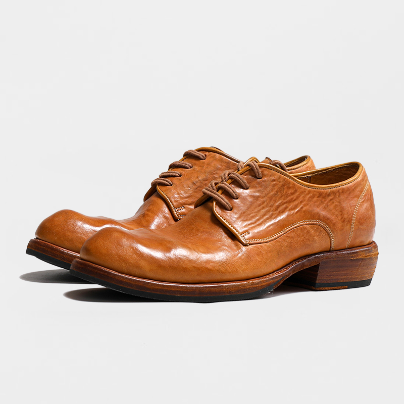 固特异水洗马皮德比鞋休闲皮鞋圆头德比鞋休闲鞋黑色系带手工男鞋