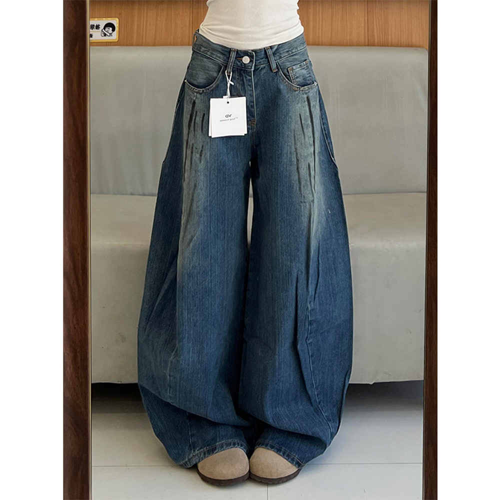 美式水洗脏染低腰直筒阔腿牛仔裤女小众设计感宽松慵懒感弯刀裤子