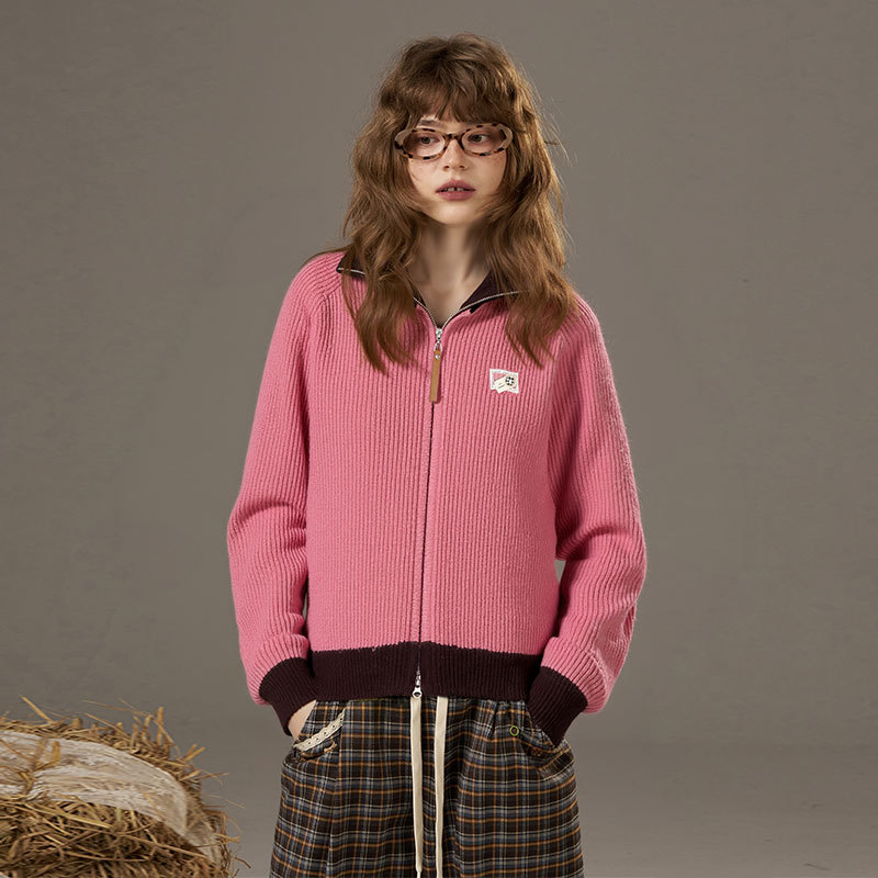 2025冬季新款复古简约百搭撞色双拉链针织开衫25402106