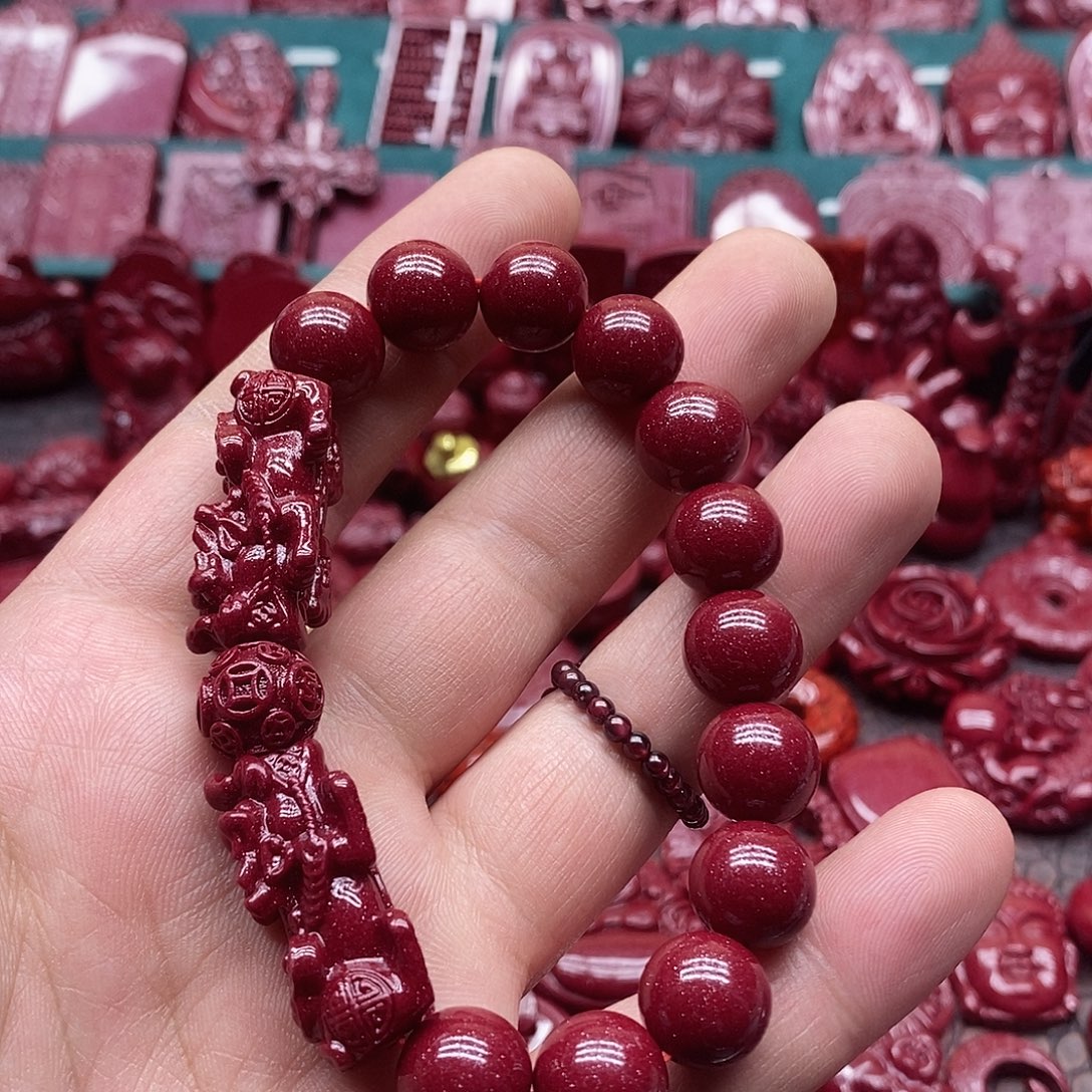 天然辰砂朱砂双貔貅手串