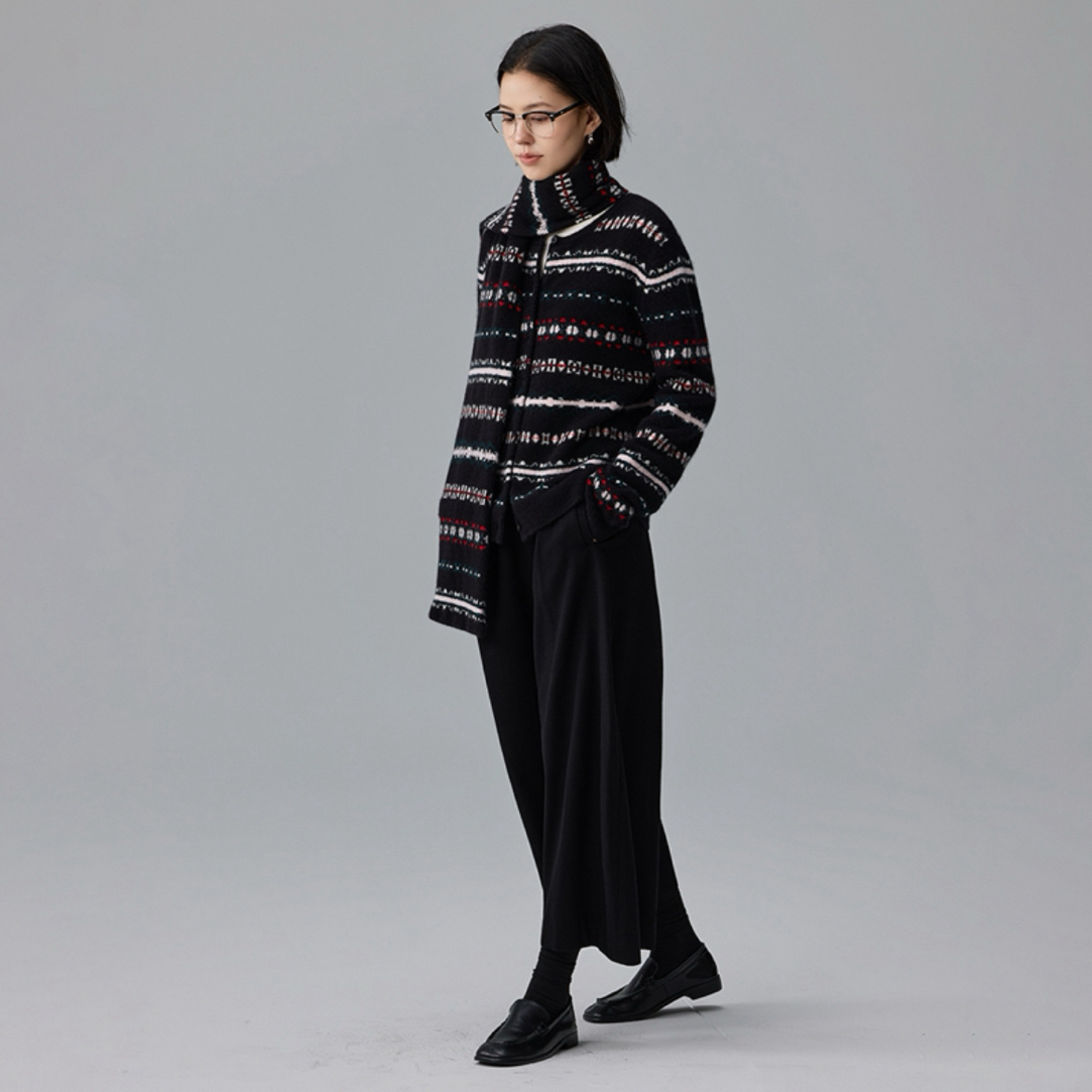 【远山】费尔岛撞色100%山羊绒圆领针织开衫女