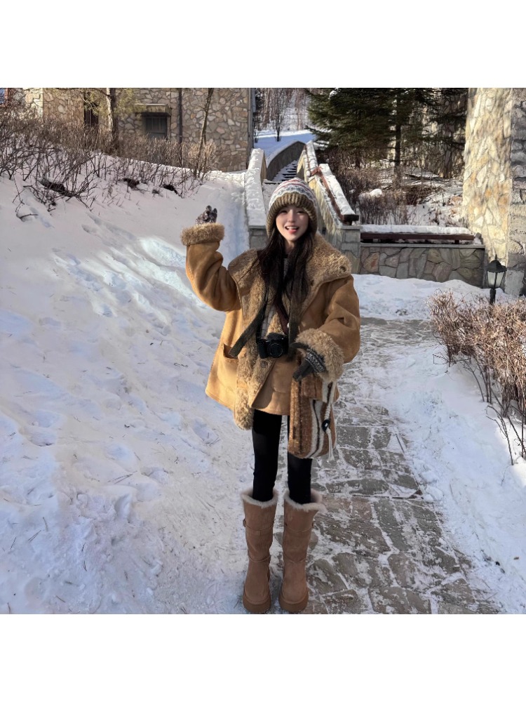 人造皮草 新款两面穿仿羊羔毛机车服秋冬宽松加厚麂皮毛毛外套女