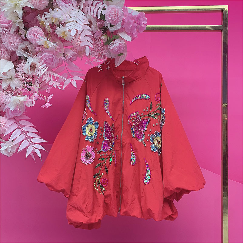 A4418欧美设计师2025冬季新款钉钻刺绣亮片花朵灯笼袖休闲外套女