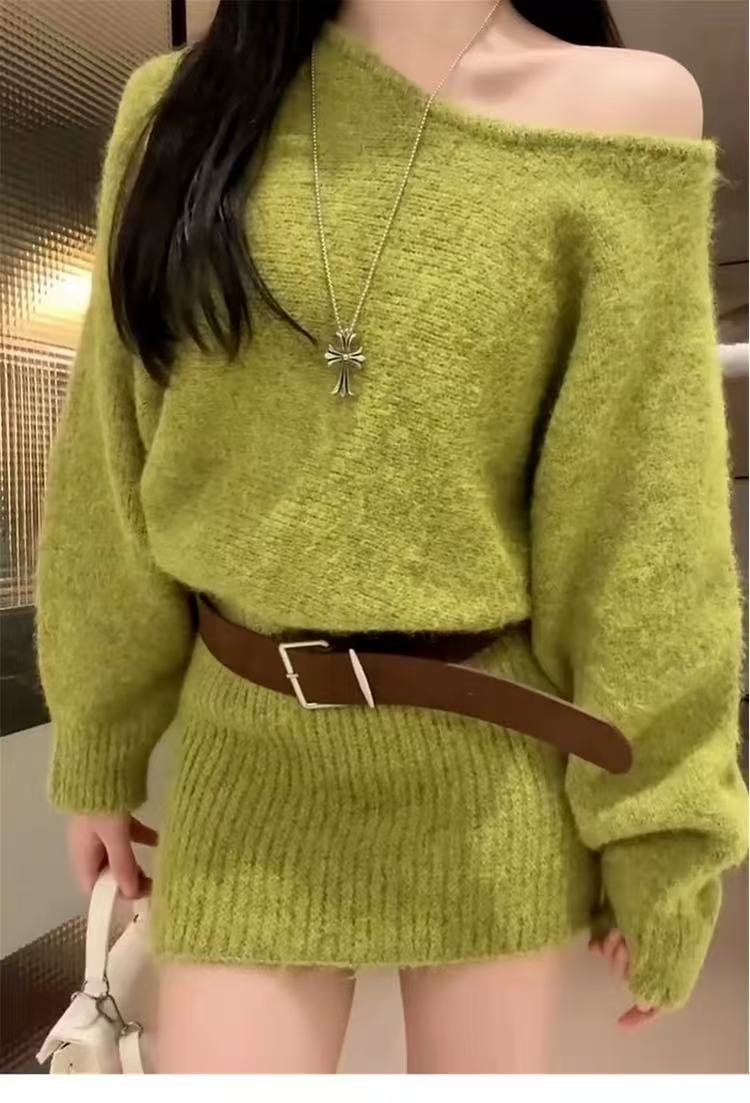 慵懒风不褪色秋季短裙冬季连衣裙绿色洋气宽松显瘦