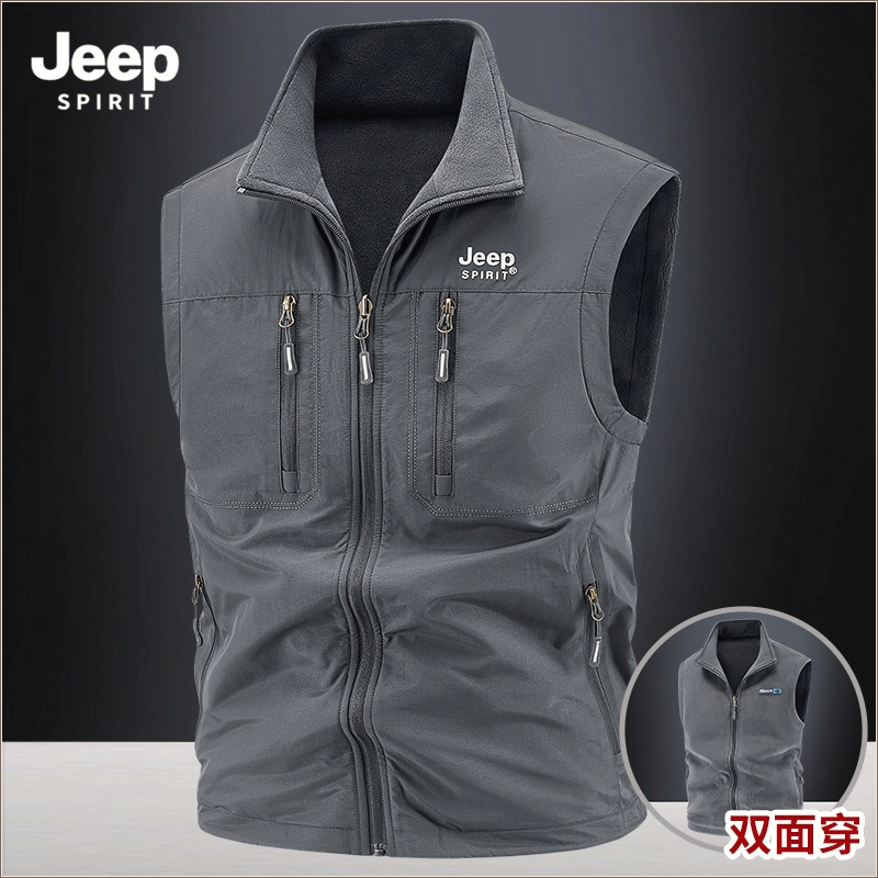JEEP吉普马甲男装户外加绒摄影背心秋冬休闲多口袋钓鱼双面穿马甲