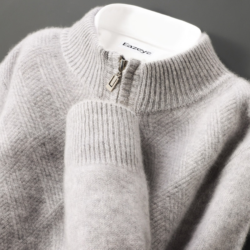 简单且有态度！半高领羊绒衫男半拉链套头毛衣宽松休闲针织打底衫