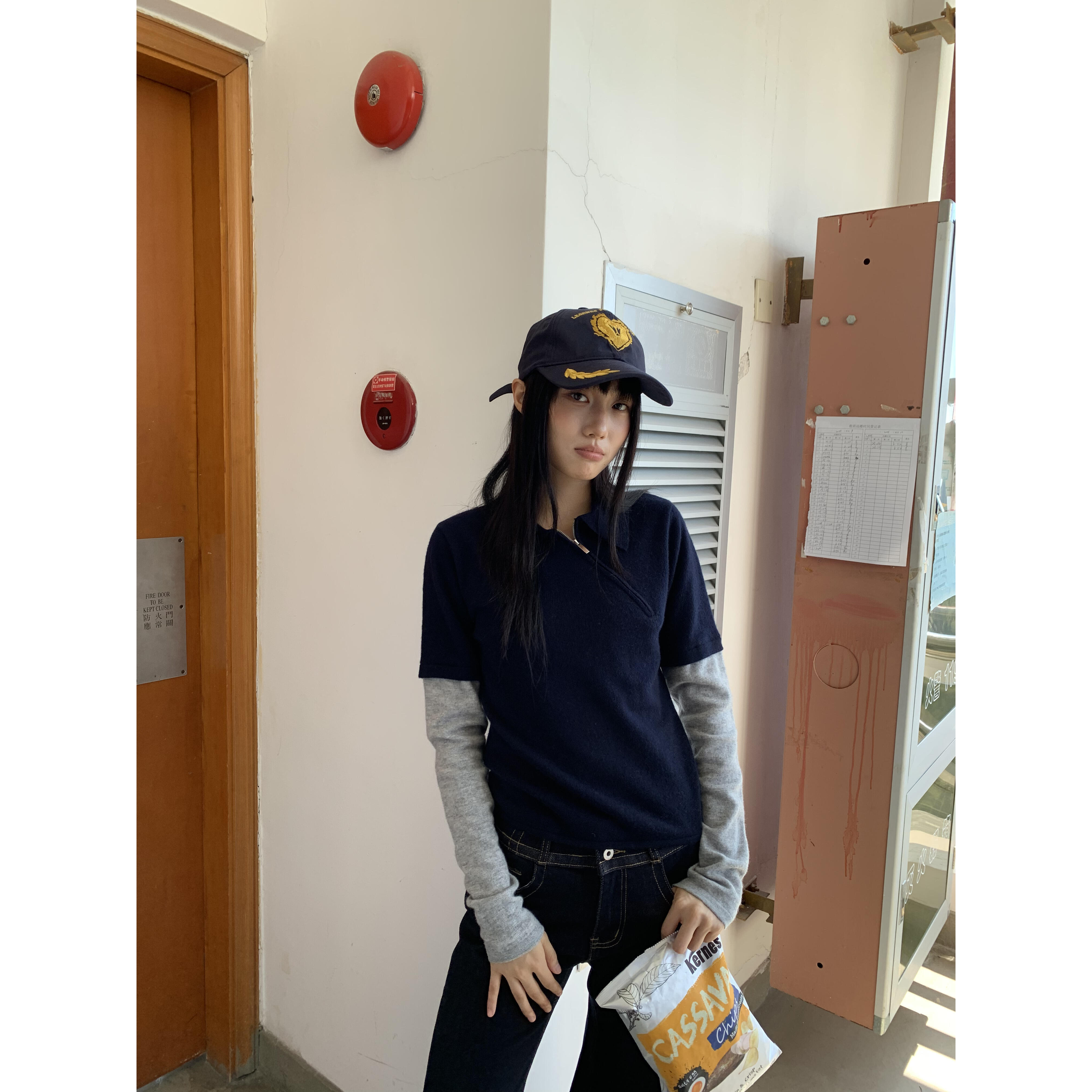 QYao Girls假两件长袖针织衫女秋季2025新款斜襟拉链拼接Polo领