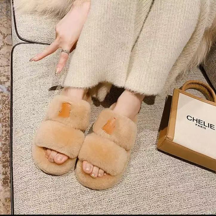 【表弟严选】C3102  栗色 新款韩系时尚居家外穿毛毛拖鞋