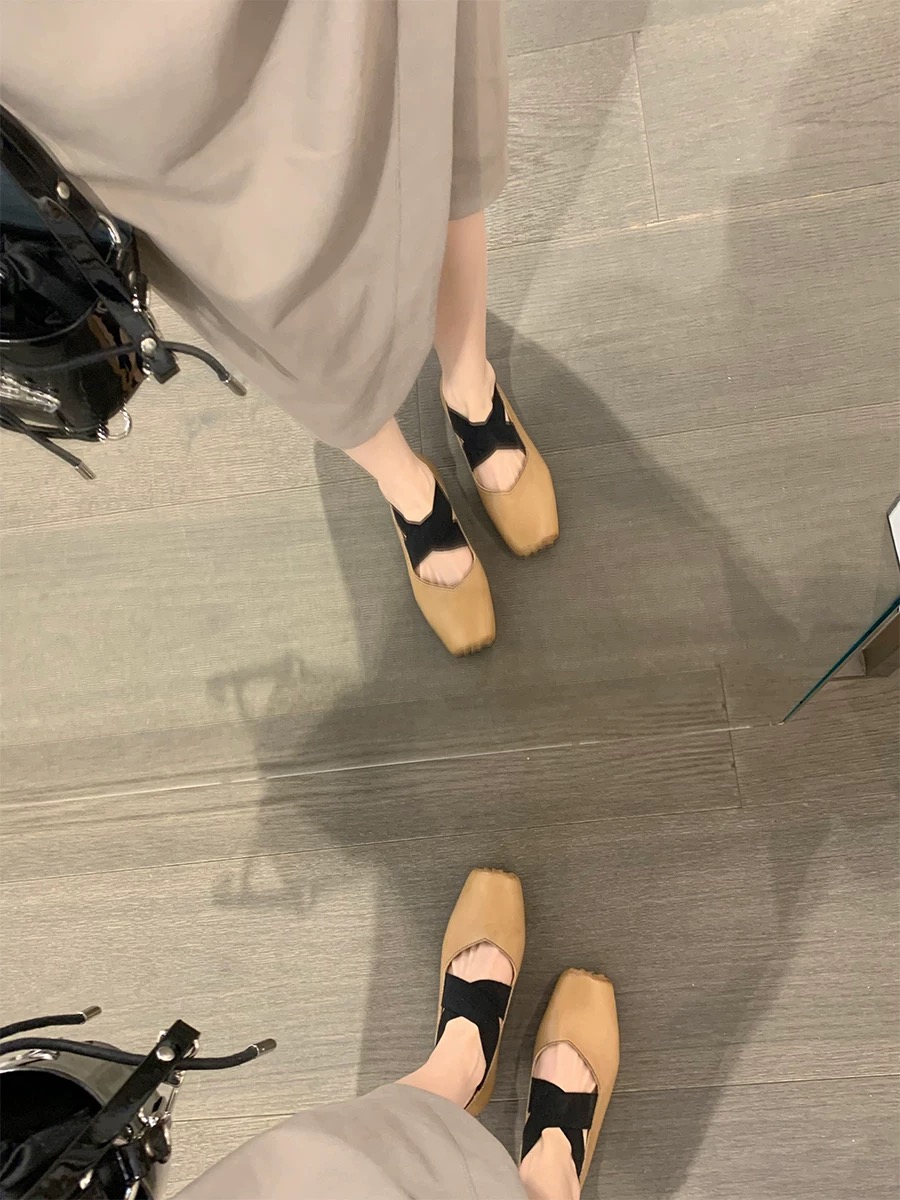 玛丽珍鞋女低跟芭蕾舞鞋外穿交叉umaw猪鼻子方头浅口复古平底单鞋